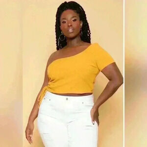 PLUS SIZE  ASYMMETRIC RIBBED CROP TOP - MUSTARD size 3x Nwot